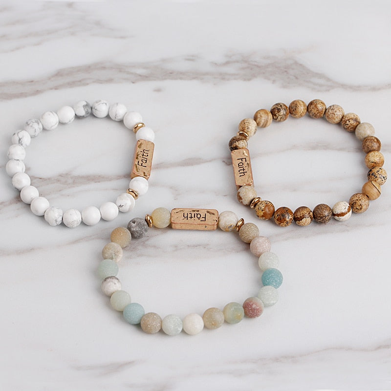 Women Men Letter Bracelets Vintage Natural Stones Beaded Bracelet Punk Inspirational Forever Faith Bracelets Handmade Jewelry