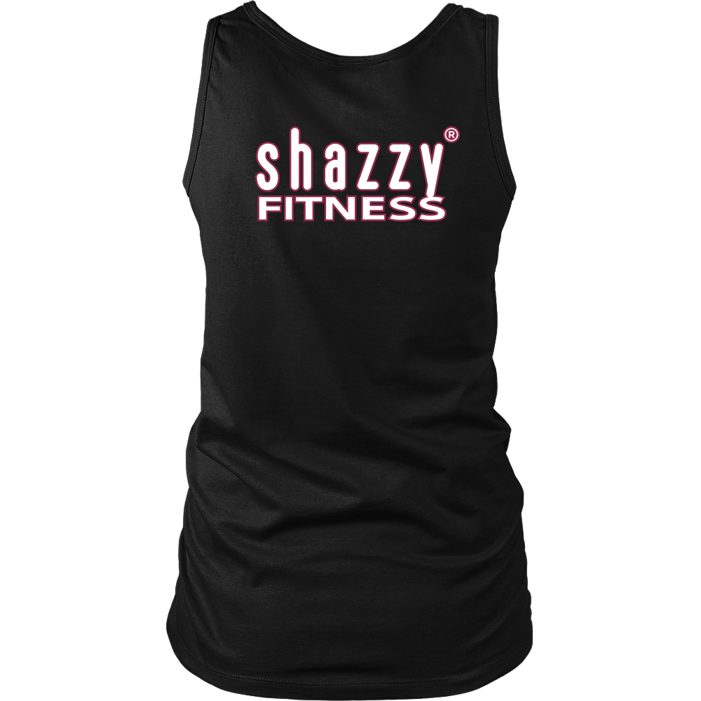 Shazzy Fitness logo on Black Pink Out Breast Cancer Awareness Tank Top with White Letters - Ladies Womens All Sizes